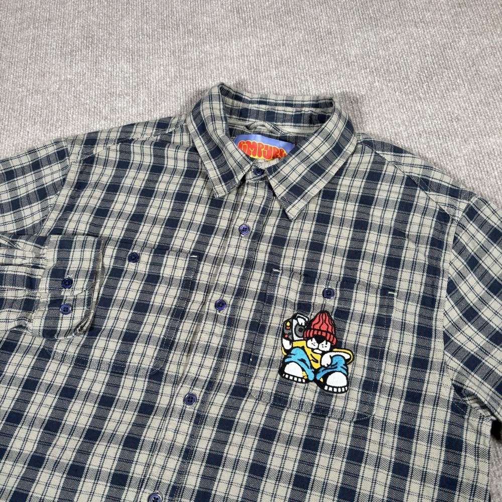 Empyre Flannel Shirt Mens M Beige Blue Plaid Embroidered Dog Logo Skate
